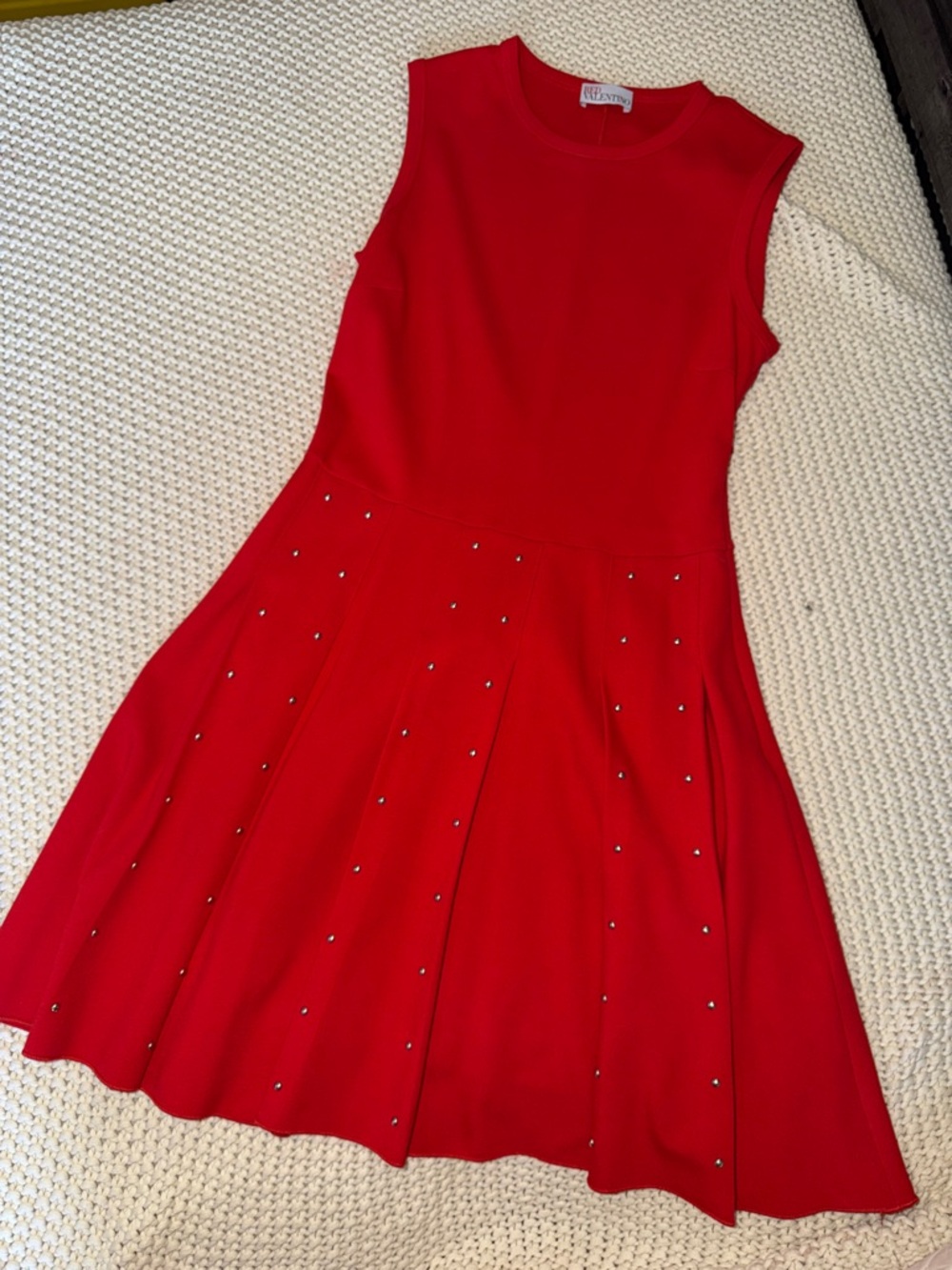 RED Valentino Sleeveless Red Studded Fit-and-Flare Dress